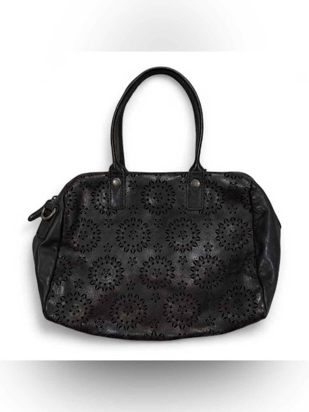Black bowler speedy genuine leather handbag with perforated floral pattern